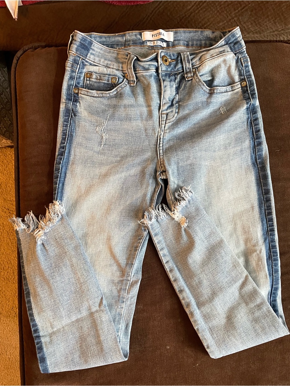 pistola Light Blue Skinny Jeans with Dark Blue Side Stripe & Distressed Knees